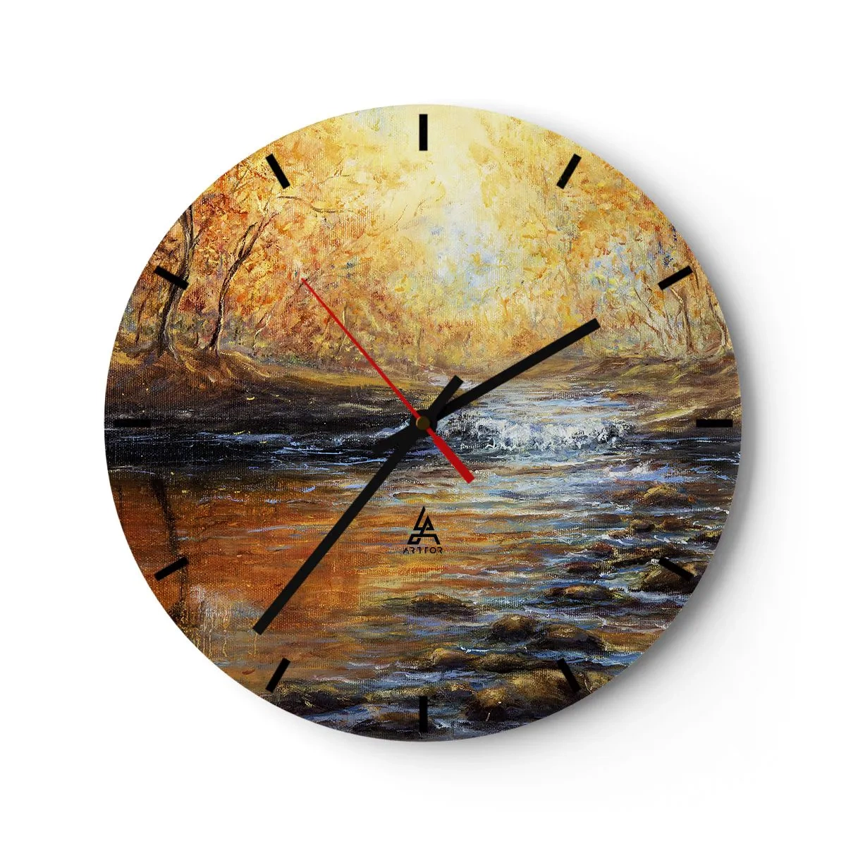 Relógio de parede - Relógio em vidro - Paisagem de outono com um rio cercado por árvores douradas - 30x30cm - Riacho Dourado - Decoração de parede moderna para a sala de estar, cozinha e quarto ARTTOR