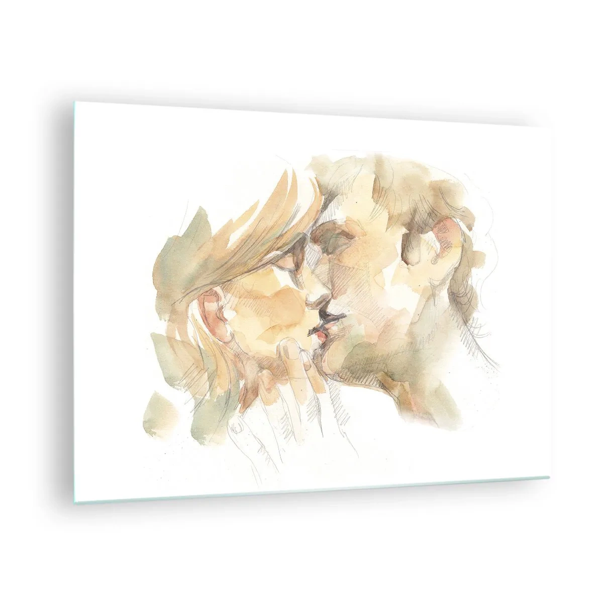 Quadro em vidro - Pintura romântica em aquarela de um beijo de amantes - 70x50cm - A outra metade foi encontrada? - Decoração de parede moderna para a sala de estar e quarto ARTTOR