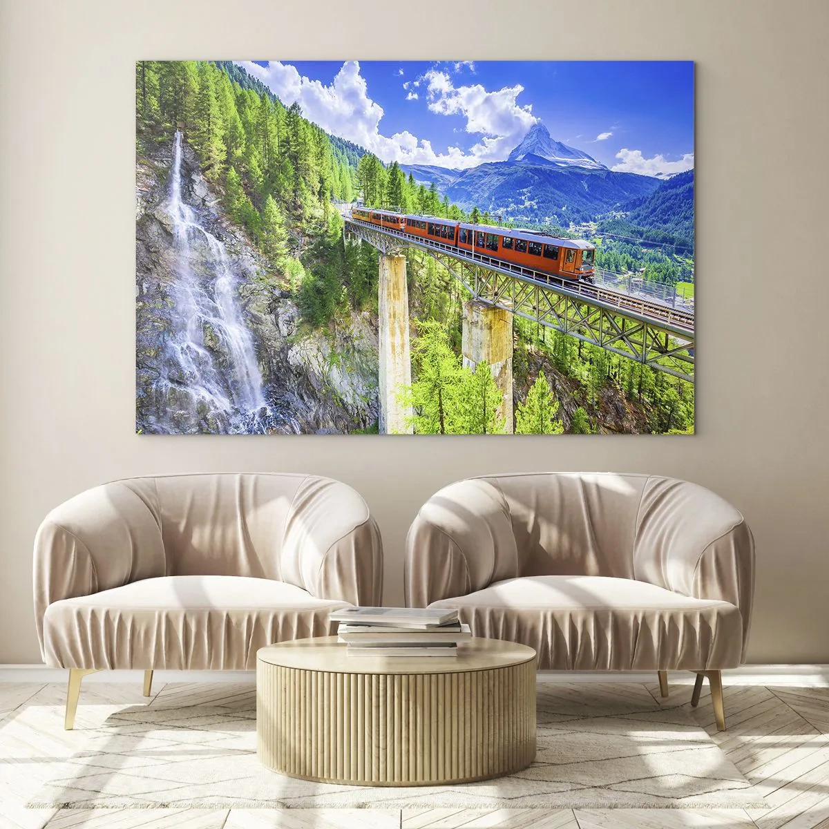 Quadro em vidro - Trem alpino em uma ponte com vista para uma cachoeira - 70x50cm - Hora dos Alpes - Decoração de parede moderna para a sala de estar e quarto ARTTOR