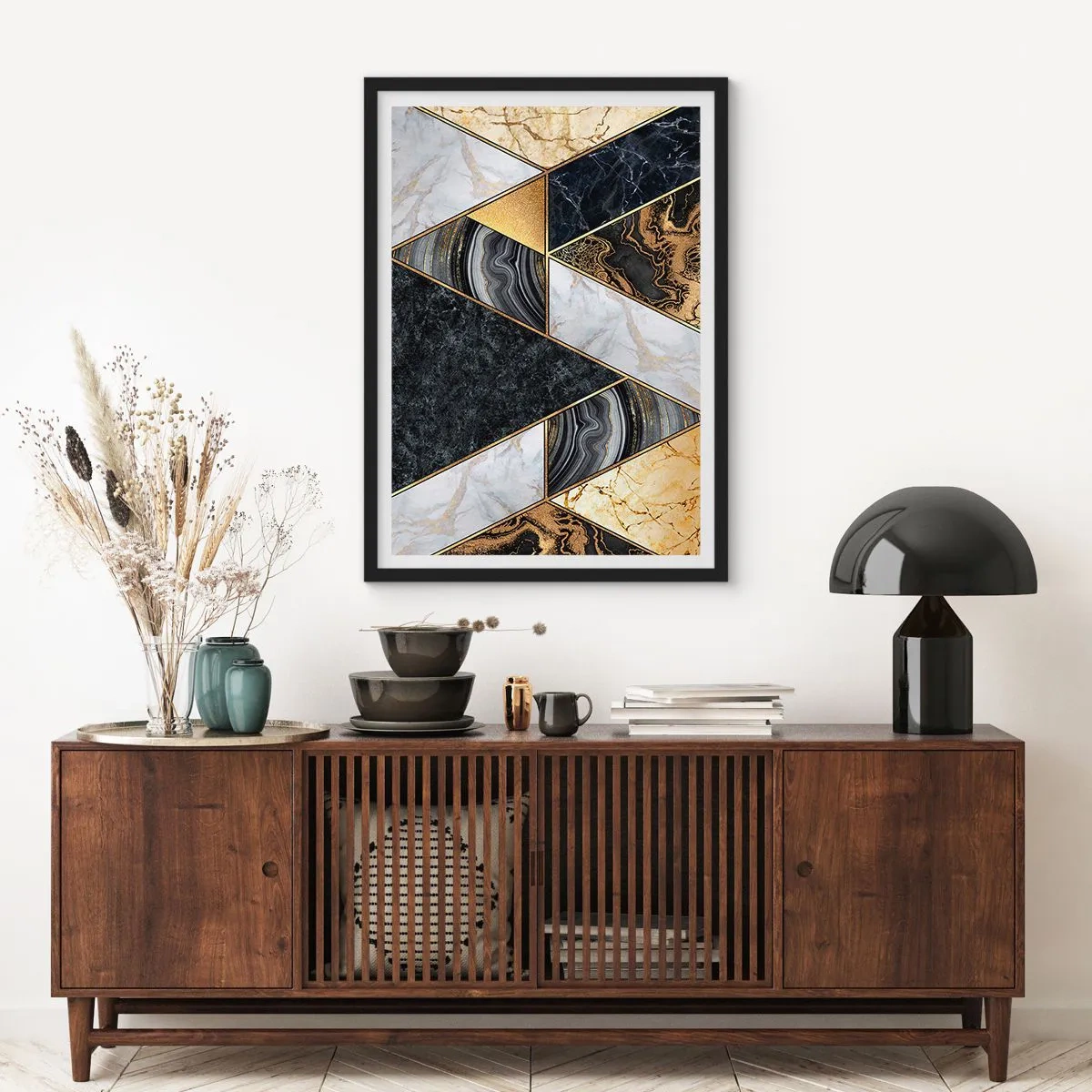 Pôster com moldura preta - Geometria de mármore em tons de dourado, preto e branco - 50x70cm - Pedra por pedra - Decoração de parede moderna para a sala de estar e quarto ARTTOR