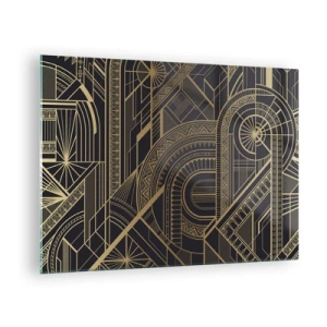 Quadro em vidro - Padrão geométrico Art Déco em dourado e preto - 70x50cm - Conceitos, ideias, planos - Decoração de parede moderna para a sala de estar e quarto ARTTOR