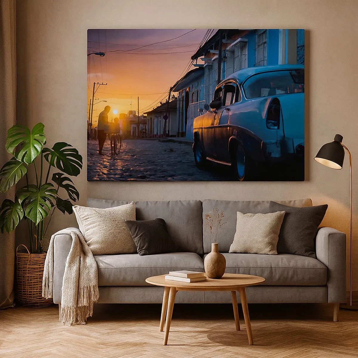 Quadro em tela - Carro retrô e bicicleta na rua à luz do pôr do sol - 70x50cm - Aqui é onde o tempo abranda - Decoração de parede moderna para a sala de estar e quarto ARTTOR