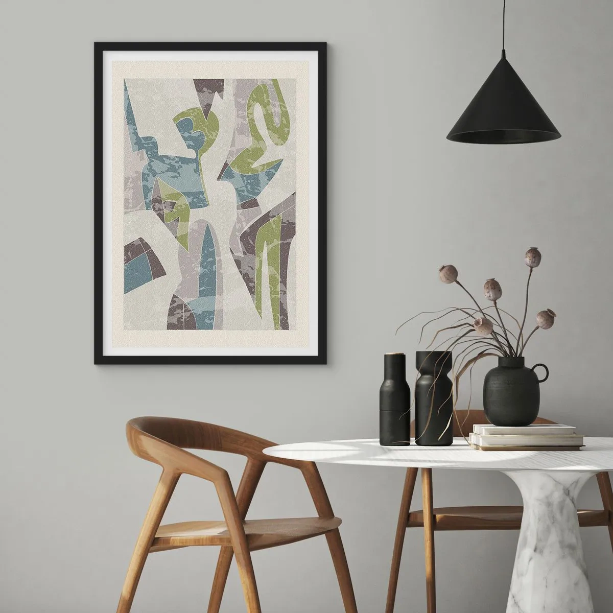 Pôster com moldura preta - Figuras abstratas em tons de verde e azul - 50x70cm - Composição atrás do vidro - Decoração de parede moderna para a sala de estar e quarto ARTTOR