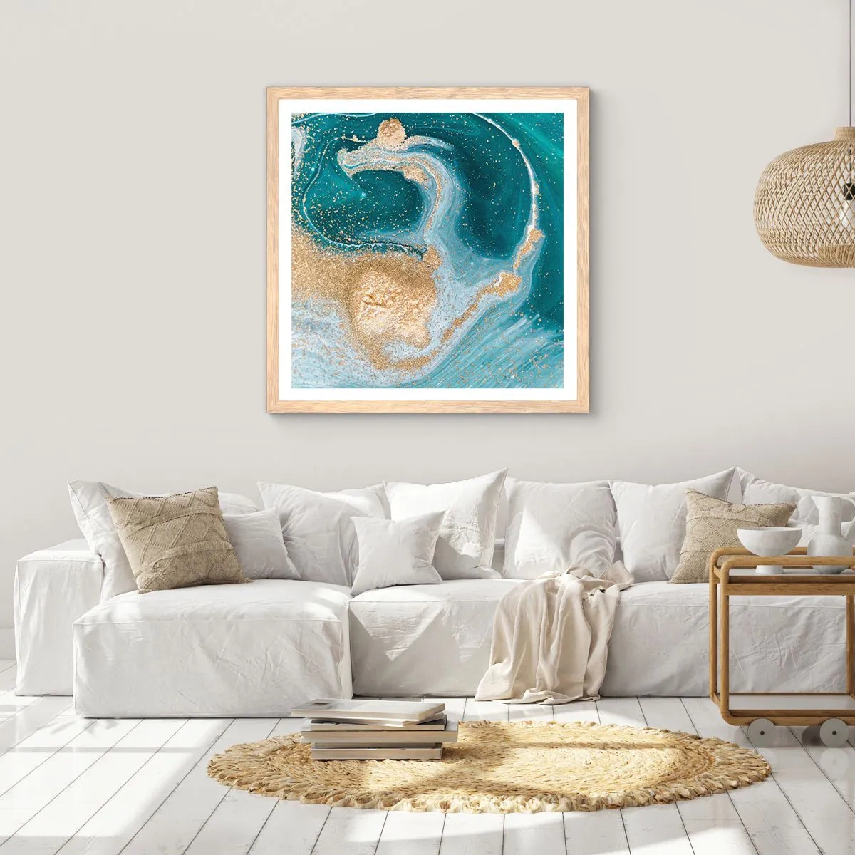 Pôster com moldura de carvalho claro - Um vórtice de ouro e turquesa - 50x50 cm