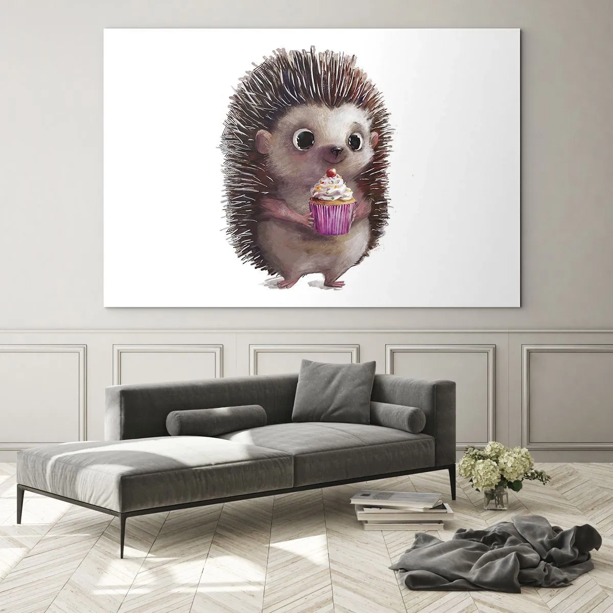 Quadro em vidro - Um ouriço fofo com um bolinho em um fundo branco - 70x50cm - A celebração é diária - Decoração de parede moderna para a sala de estar e quarto ARTTOR