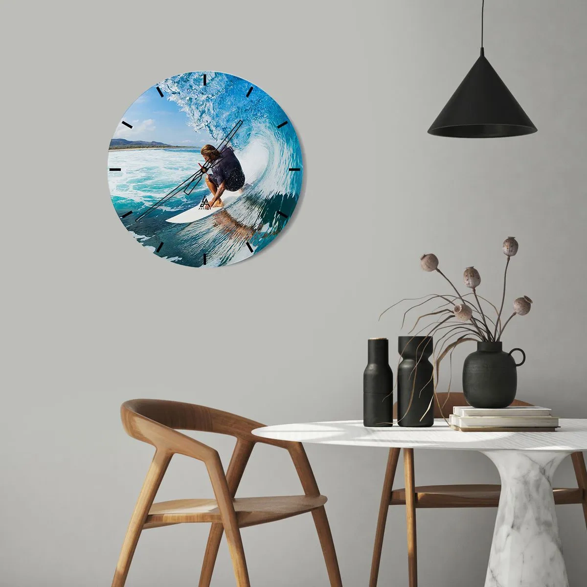 Relógio de parede - Relógio em vidro - Surfista no túnel de ondas de água - 30x30cm - Dançando com as ondas - Decoração de parede moderna para a sala de estar, cozinha e quarto ARTTOR