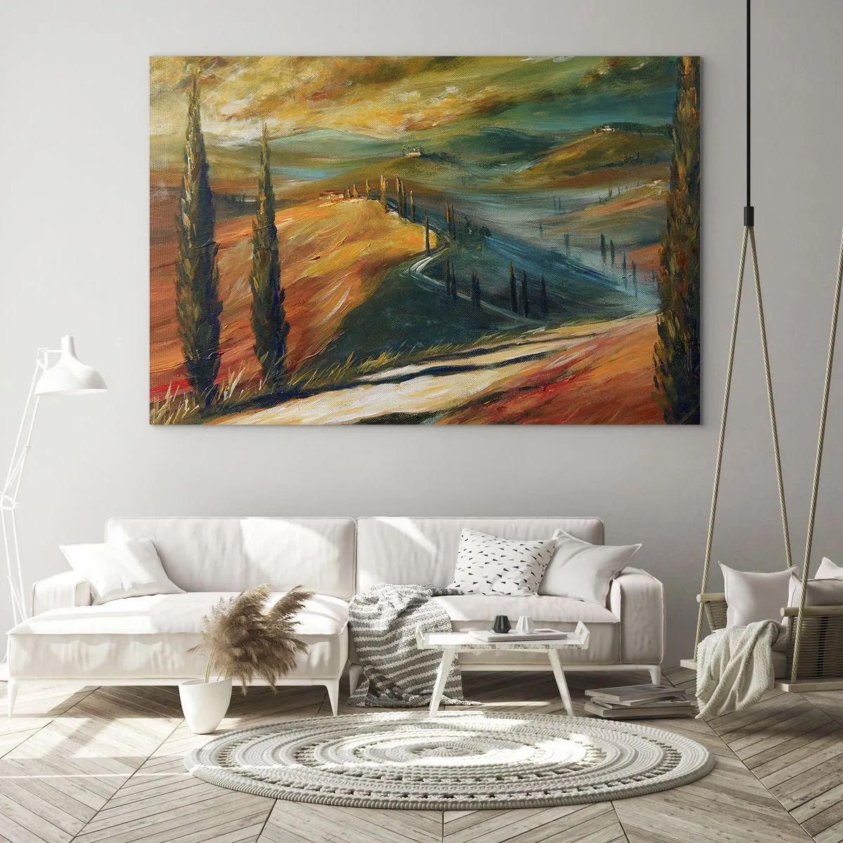 Quadro em vidro - Pôr do sol sobre uma colina da Toscana - 70x50cm - Paisagem da Toscana - Decoração de parede moderna para a sala de estar e quarto ARTTOR