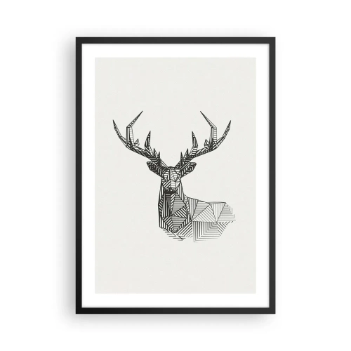 Pôster com moldura preta - Silhueta geométrica de um veado em estilo preto e branco - 50x70cm - Veado em estilo cubista - Decoração de parede moderna para a sala de estar e quarto ARTTOR