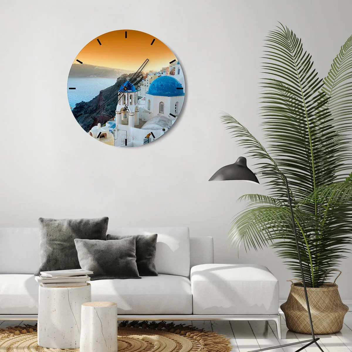 Relógio de parede - Relógio em vidro - Santorini com vista para o mar ao pôr do sol - 30x30cm - Santorini - abraçada às rochas - Decoração de parede moderna para a sala de estar, cozinha e quarto ARTTOR