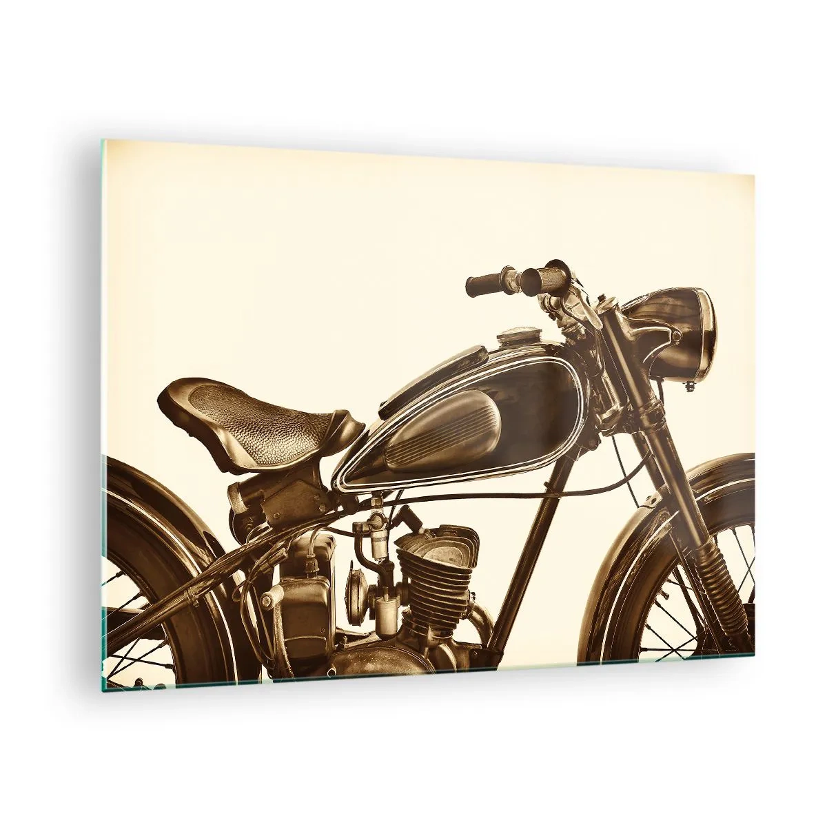 Quadro em vidro - Motocicleta retrô estilosa em tons sépia sobre fundo claro - 70x50cm - Saudades dos clássicos - Decoração de parede moderna para a sala de estar e quarto ARTTOR