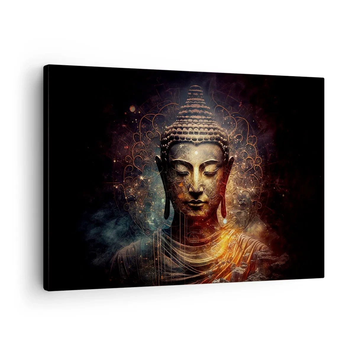 Quadro em tela - Buda dourado em um fundo escuro com ornamentos - 70x50cm - Equilíbrio espiritual - Decoração de parede moderna para a sala de estar e quarto ARTTOR