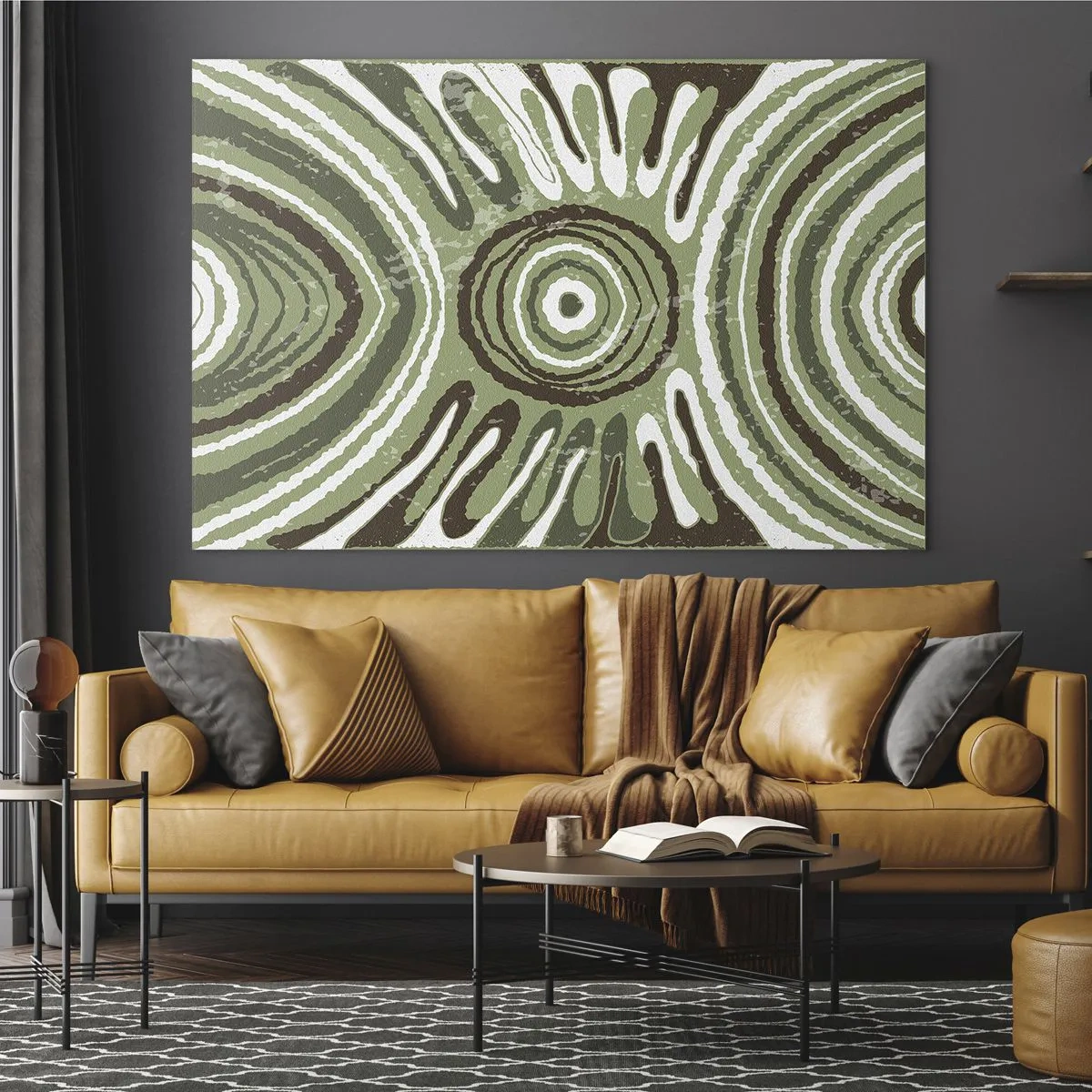 Quadro em vidro - Círculos concêntricos verdes e linhas abstratas - 70x50cm - Uma explosão de emoções - Decoração de parede moderna para a sala de estar e quarto ARTTOR