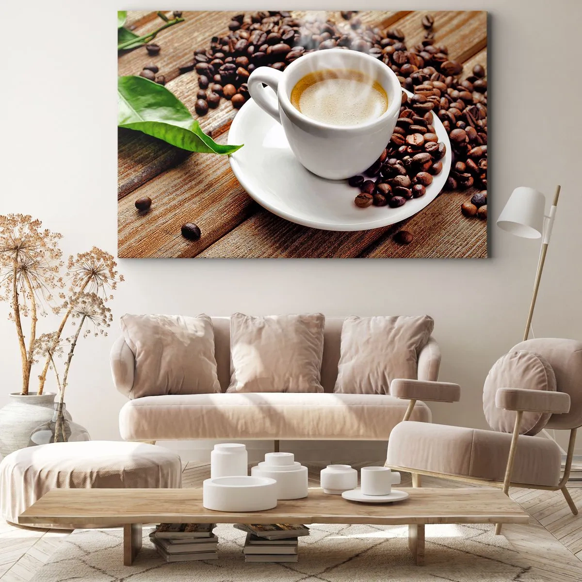 Quadro em tela - Uma xícara de café aromático contra o fundo de grãos e uma folha - 70x50cm - Pausa para um café - Decoração de parede moderna para a sala de estar e quarto ARTTOR