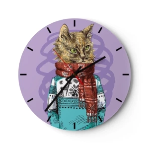 Relógio de parede - Relógio em vidro - Um gato com roupa de inverno e um cachecol em um fundo roxo - 30x30cm - Gato não só de botas - Decoração de parede moderna para a sala de estar, cozinha e quarto ARTTOR