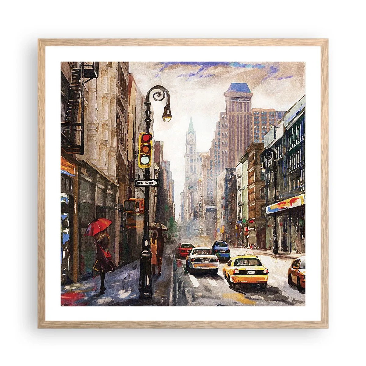 Pôster com moldura de carvalho claro - Nova York – colorida também na chuva - 60x60 cm