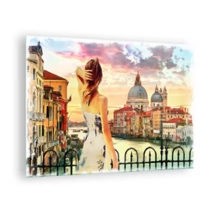 Quadro em vidro - Uma mulher admira a vista de Veneza ao pôr do sol. - 70x50cm - Aventura de verdade somente em ... - Decoração de parede moderna para a sala de estar e quarto ARTTOR