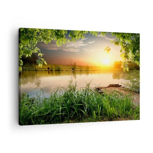 Quadro em tela - Paisagem verde com um lago ao pôr do sol - 70x50cm - Paisagem em uma moldura verde - Decoração de parede moderna para a sala de estar e quarto ARTTOR