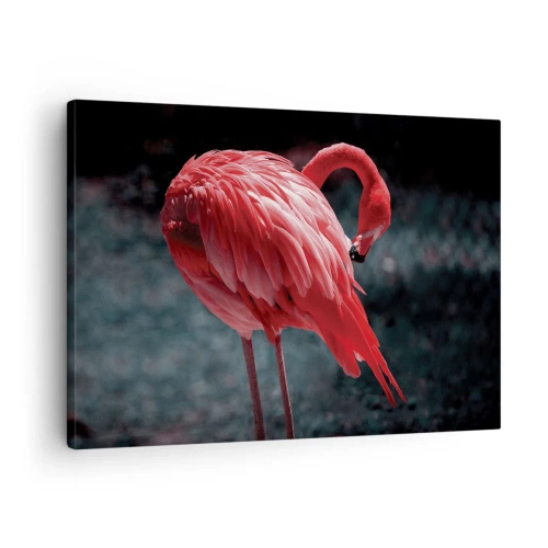 Quadro em tela - Um flamingo rosa em um fundo verde escuro - 70x50cm - Poema carmesim da natureza - Decoração de parede moderna para a sala de estar e quarto ARTTOR