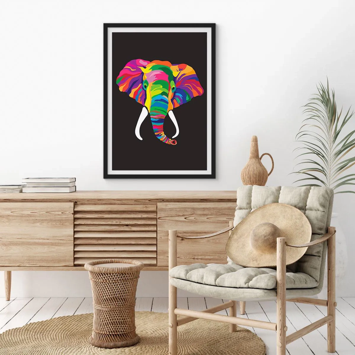 Pôster com moldura preta - O elefante que adorava banhar-se no arco-íris - 30x40 cm