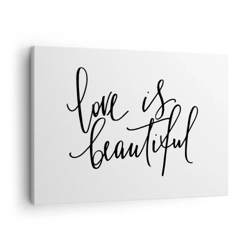 Quadro em tela - Inscrição preta "o amor é lindo" em um fundo branco - 70x50cm - Leia e repita - Decoração de parede moderna para a sala de estar e quarto ARTTOR
