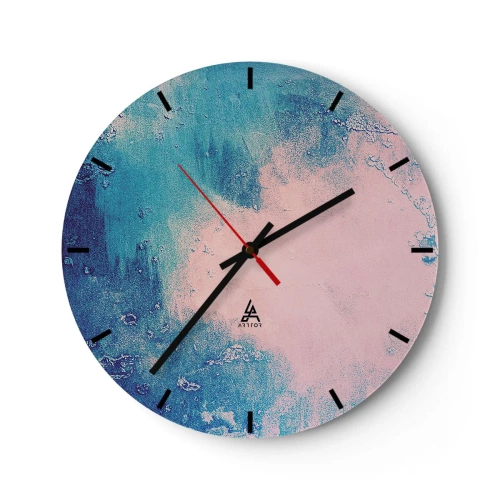Relógio de parede - Relógio em vidro - Composição abstrata em tons de azul e rosa - 30x30cm - Abraço azul - Decoração de parede moderna para a sala de estar, cozinha e quarto ARTTOR