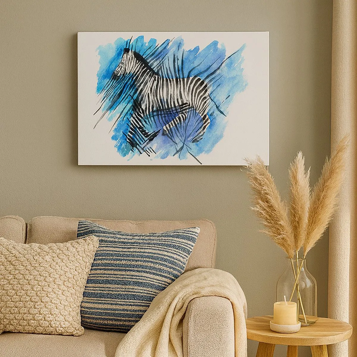 Quadro em tela - Ilustração em aquarela de uma zebra contra um céu azul - 70x50cm - Escondida sob as listras - Decoração de parede moderna para a sala de estar e quarto ARTTOR