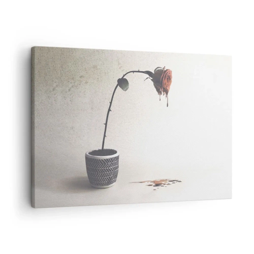 Quadro em tela - Uma rosa vermelha em um vaso com gotas de tinta sobre um fundo branco - 70x50cm - Rosa dolorosa - Decoração de parede moderna para a sala de estar e quarto ARTTOR