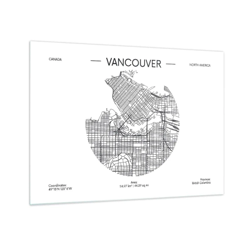 Quadro em vidro - Mapa de ruas em preto e branco de Vancouver - 70x50cm - Anatomia de Vacouver - Decoração de parede moderna para a sala de estar e quarto ARTTOR