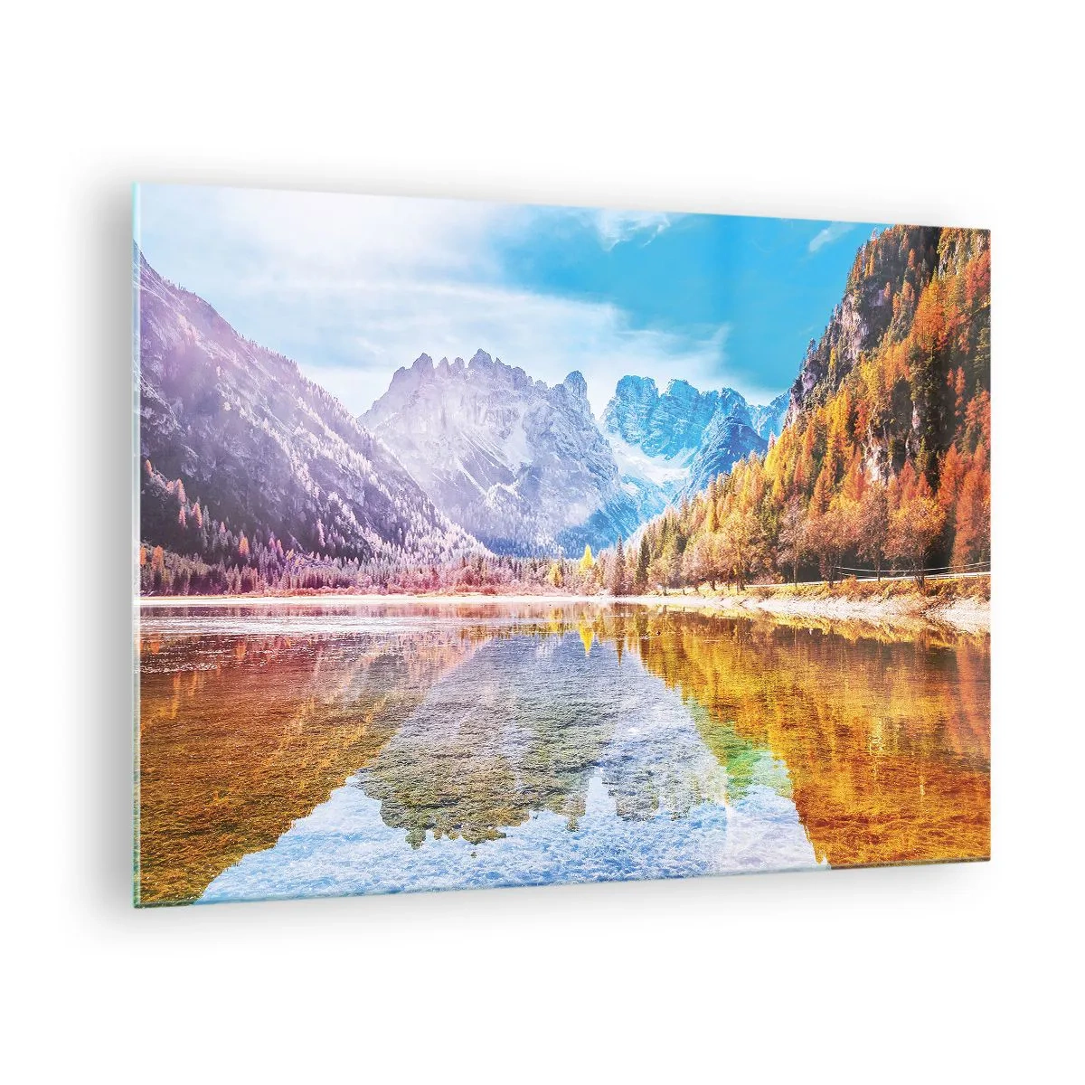 Quadro em vidro - Montanhas de outono refletidas no lago, cercadas por árvores coloridas - 70x50cm - E nas montanhas é outono - Decoração de parede moderna para a sala de estar e quarto ARTTOR