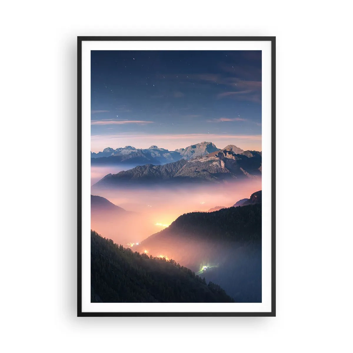 Pôster com moldura preta - Luz nos vales - 70x100 cm