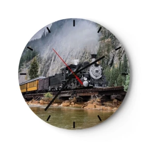 Relógio de parede - Relógio em vidro - Uma locomotiva a vapor em uma ponte em uma paisagem montanhosa sobre um rio - 30x30cm - Para onde? Onde? - Decoração de parede moderna para a sala de estar, cozinha e quarto ARTTOR