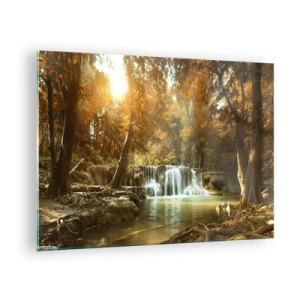 Quadro em vidro - Uma cachoeira em um parque cercado por árvores em cores de outono - 70x50cm - A cascata do parque - Decoração de parede moderna para a sala de estar e quarto ARTTOR