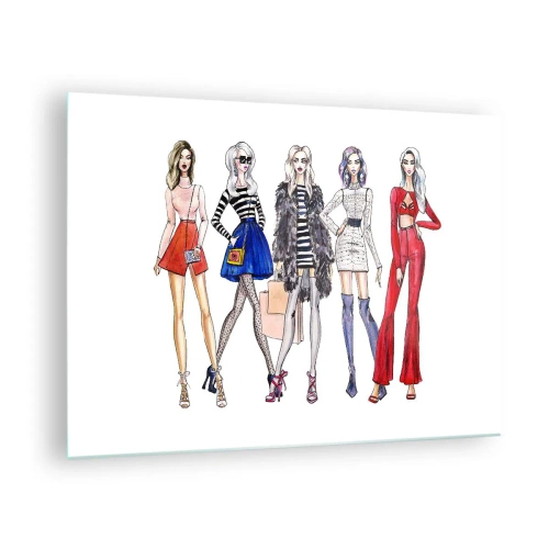 Quadro em vidro - Personagens da moda em trajes elegantes na ilustração - 70x50cm - Every week Fashion Week - Decoração de parede moderna para a sala de estar e quarto ARTTOR