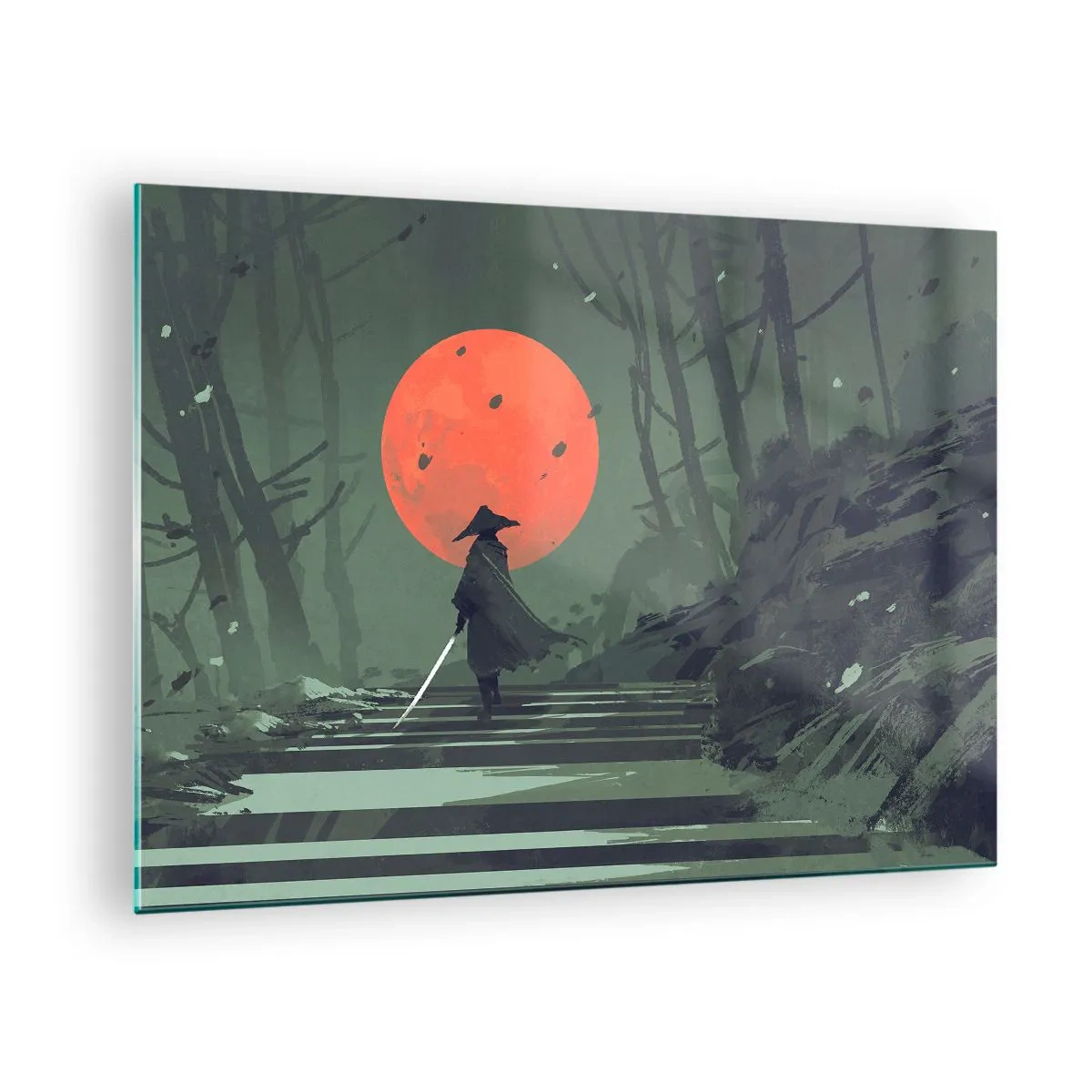 Quadro em vidro - Um guerreiro solitário com uma espada na floresta tendo como pano de fundo uma lua vermelha. - 70x50cm - O guerreiro da lua vermelha - Decoração de parede moderna para a sala de estar e quarto ARTTOR