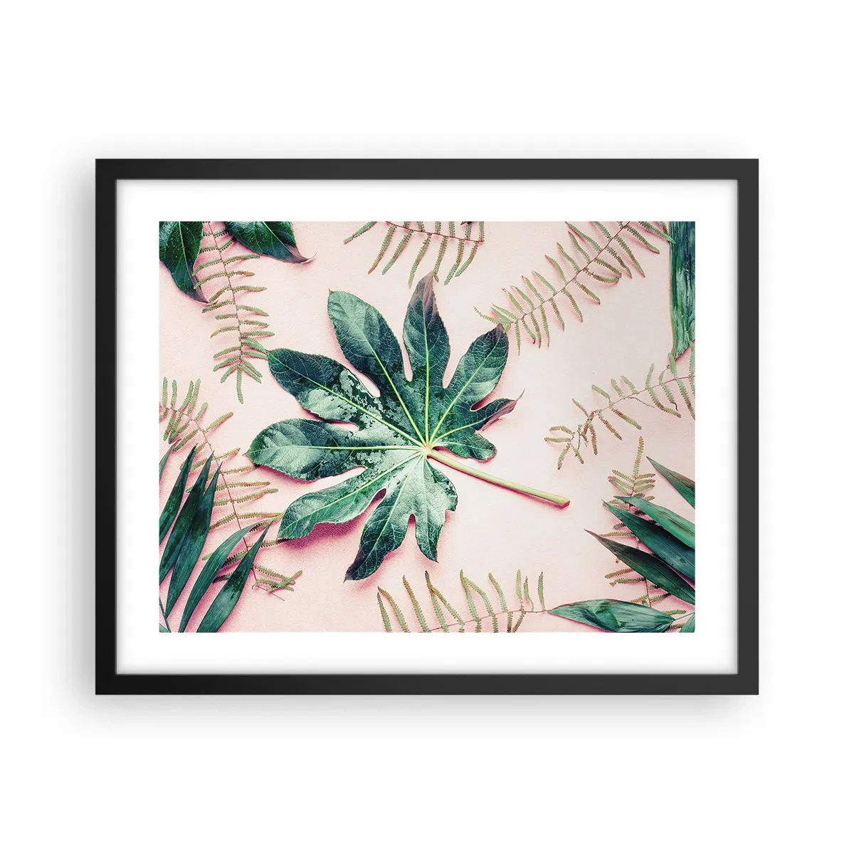 Pôster com moldura preta - Estudo do verde em um fundo rosa - 50x40 cm