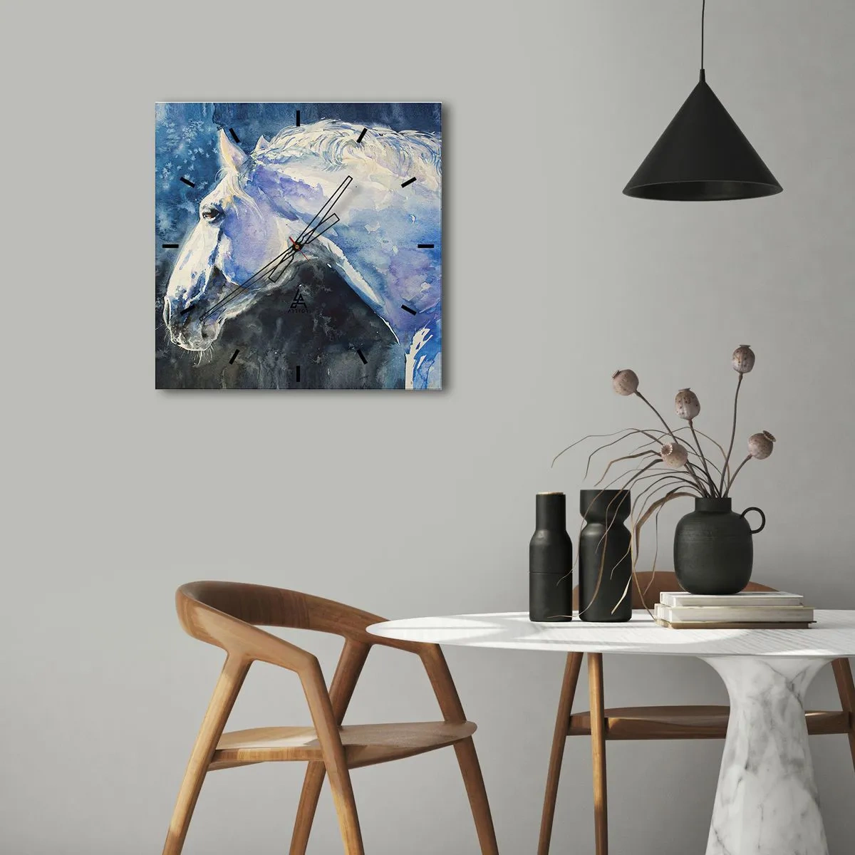 Relógio de parede - Relógio em vidro - Retrato com um brilho azul - 40x40 cm