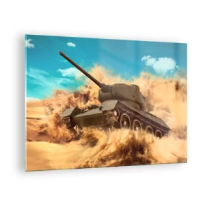 Quadro em vidro - Um tanque em movimento em um deserto com poeira voando e um céu brilhante - 70x50cm - Imbatível - Decoração de parede moderna para a sala de estar e quarto ARTTOR