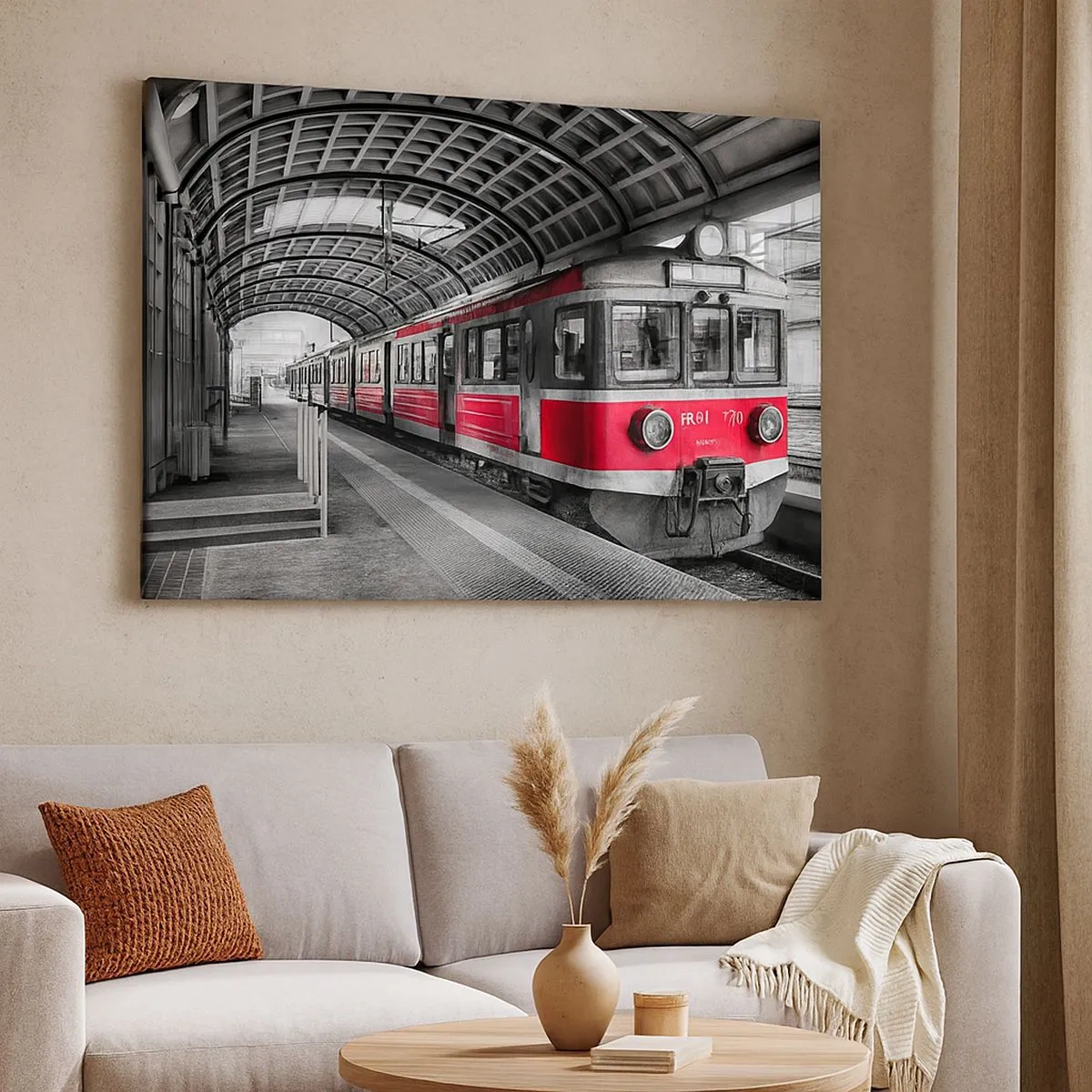 Quadro em tela - Trem vermelho na estação sob um teto - 70x50cm - Talvez seja a viagem de sua vida? - Decoração de parede moderna para a sala de estar e quarto ARTTOR