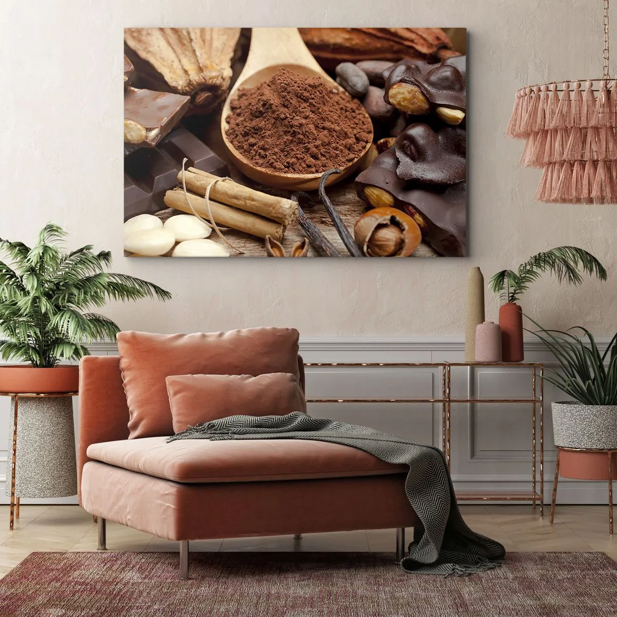 Quadro em tela - Uma colherada de ingredientes de cacau e chocolate em um arranjo rústico - 70x50cm - O melhor para as tristezas - Decoração de parede moderna para a sala de estar e quarto ARTTOR