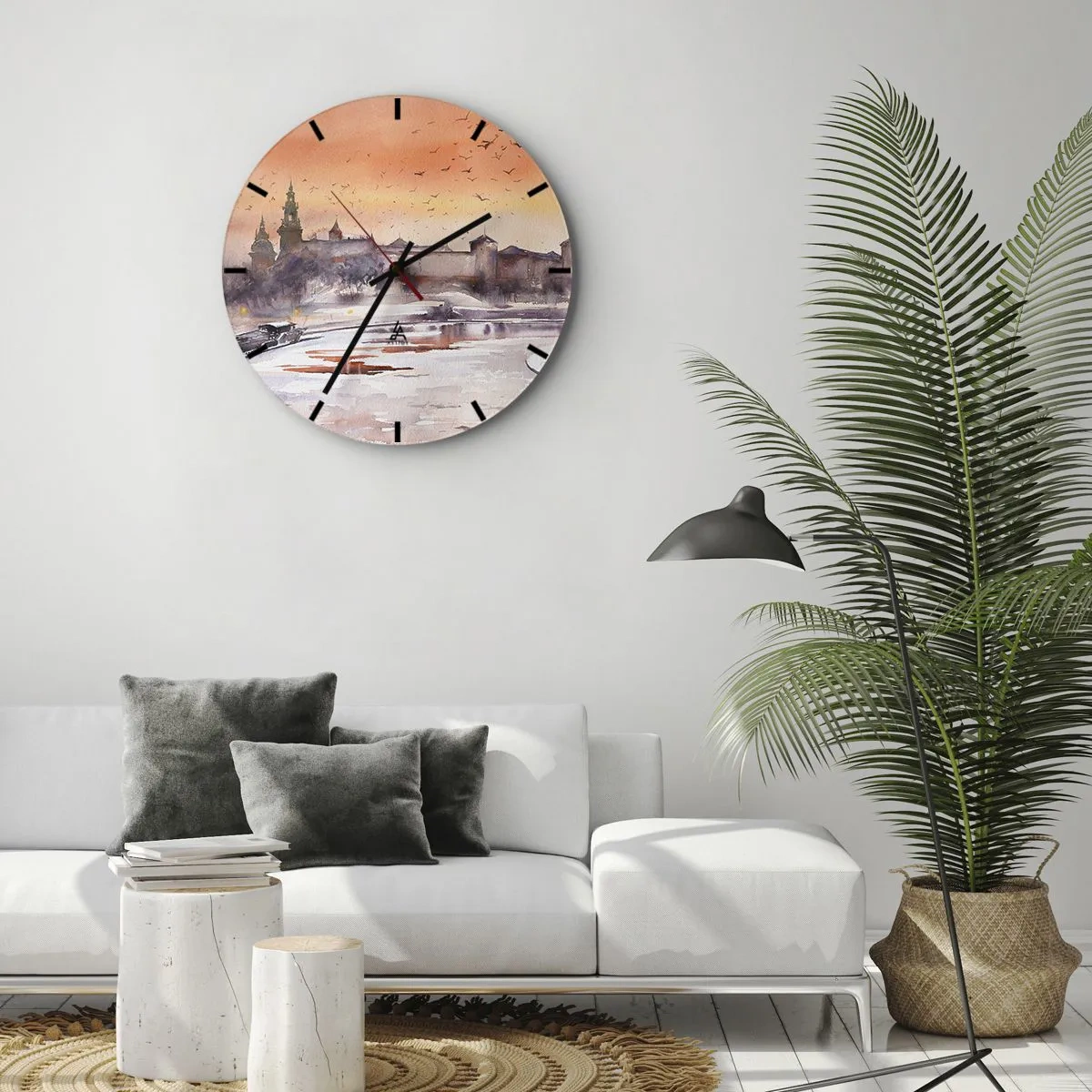 Relógio de parede - Relógio em vidro - Pôr do sol sobre o castelo com o rio e os pássaros no céu - 30x30cm - Pôr do sol real - Decoração de parede moderna para a sala de estar, cozinha e quarto ARTTOR