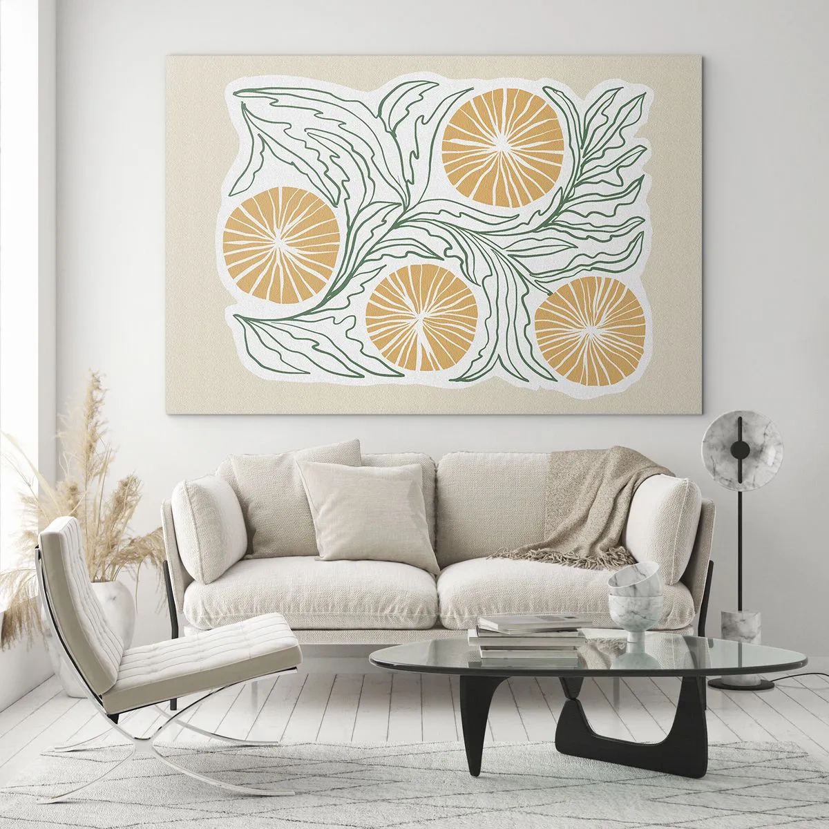 Quadro em vidro - Frutas laranjas e folhas verdes em uma composição gráfica - 70x50cm - Étnico com um toque de abstração - Decoração de parede moderna para a sala de estar e quarto ARTTOR