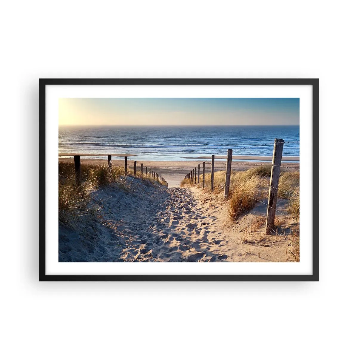 Pôster com moldura preta - O som do mar, o canto dos pássaros, a praia selvagem entre a relva... - 70x50 cm