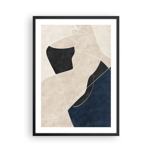 Pôster com moldura preta - Abstração geométrica em tons de bege, preto e azul marinho - 50x70cm - Composição abstrata – contraste de cores - Decoração de parede moderna para a sala de estar e quarto ARTTOR