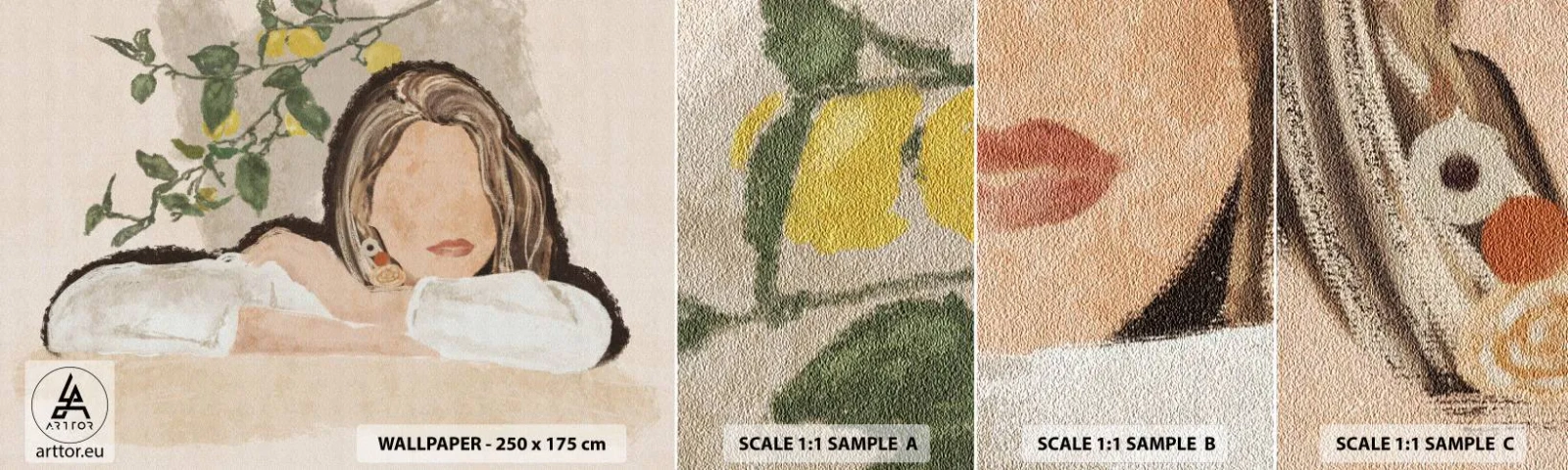 Amostra de Papel de Parede Standard Eco - Beleza do sul - Mulher, Limões, Minimalismo - 100x30 cm