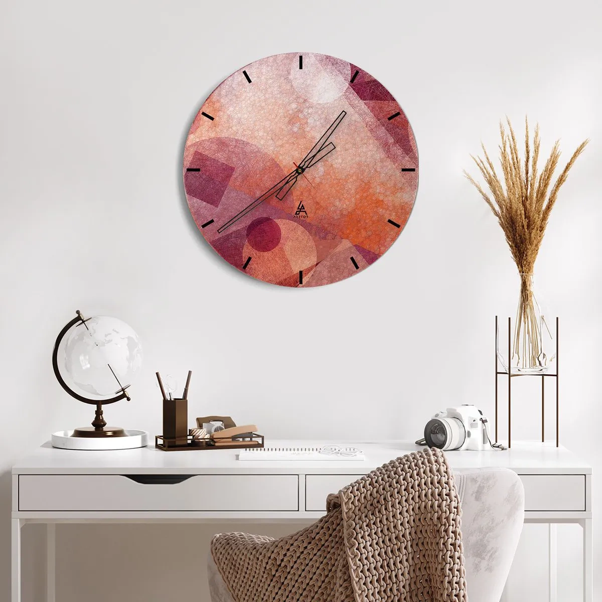 Relógio de parede - Relógio em vidro - Padrões geométricos em tons de rosa e laranja - 30x30cm - Transformações geométricas em rosa - Decoração de parede moderna para a sala de estar, cozinha e quarto ARTTOR
