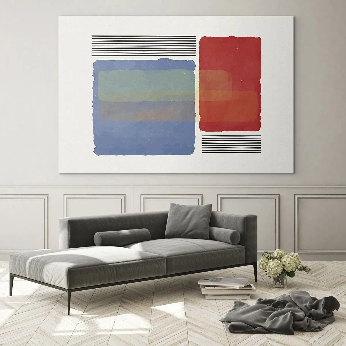 Quadro em vidro - Composição geométrica com retângulos vermelhos e azuis - 70x50cm - A alma da geometria - Decoração de parede moderna para a sala de estar e quarto ARTTOR