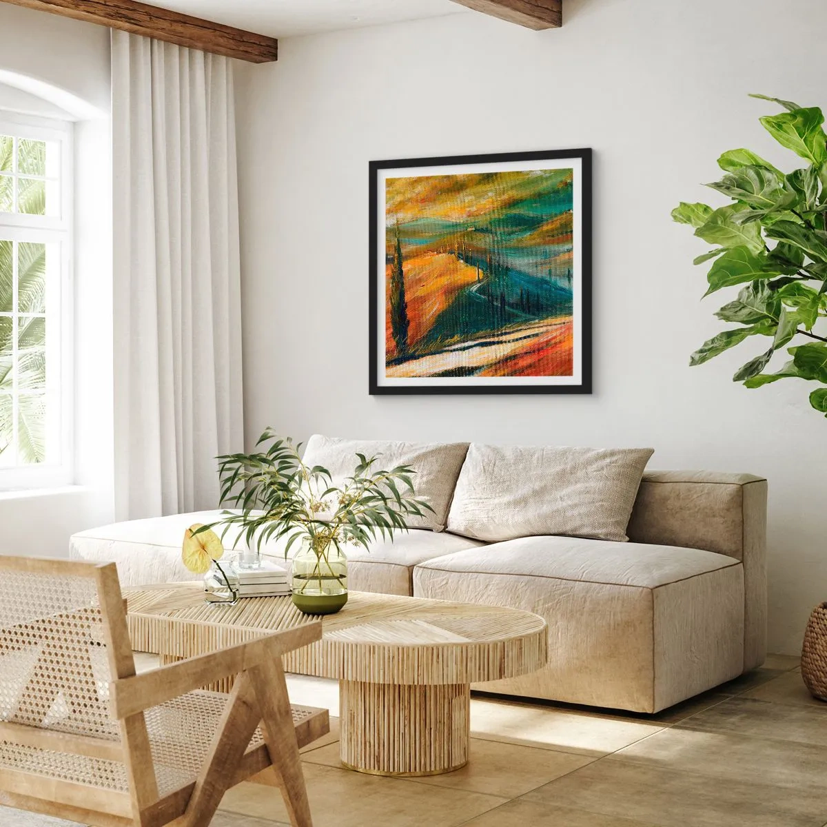 Pôster com moldura preta - Paisagem da Toscana - 40x40 cm