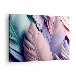 Quadro em tela - Penas coloridas em tons pastéis sobre fundo claro - 70x50cm - Pássaro chique - Decoração de parede moderna para a sala de estar e quarto ARTTOR