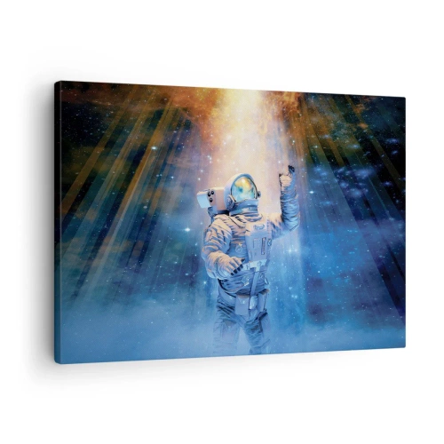 Quadro em tela - Astronauta à luz de uma explosão cósmica cheia de estrelas - 70x50cm - Finalmente chegamos - Decoração de parede moderna para a sala de estar e quarto ARTTOR