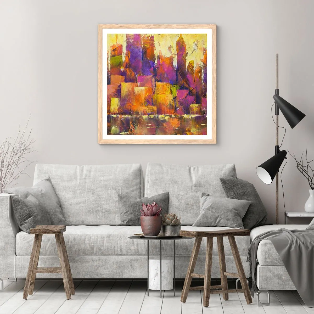 Pôster com moldura de carvalho claro - Composição metropolitana - 60x60 cm